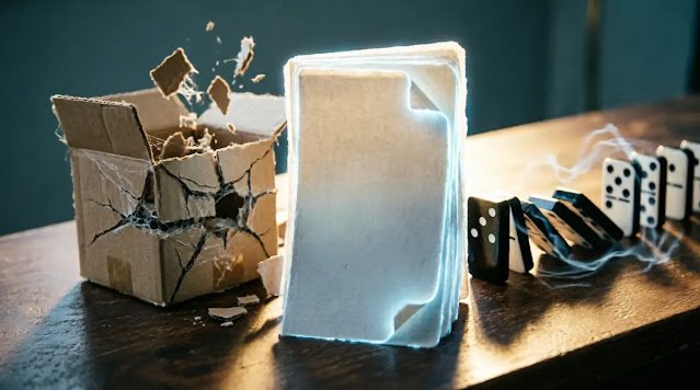 Glowing paper tabs on table, cracking pressure box, time-frozen dominoes mental tabs(AI-generated illustration)