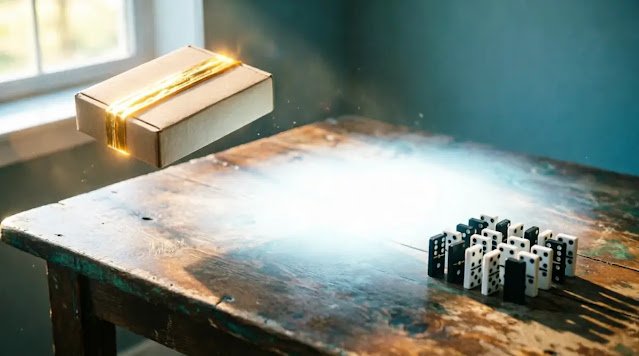 Light-dissolving table, golden sealed box, perfect grid dominoes cleared surface (AI-generated illustration)