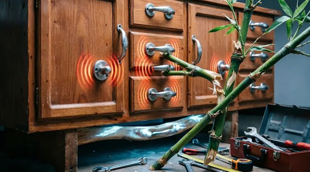 Multiplying cabinet handles, straining beams, breaking bamboo grip, scattered toolbox(AI-generated illustration)
