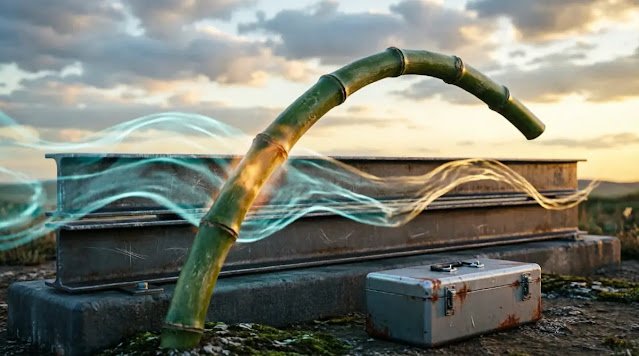 Bamboo bending 90 degrees, firm beams, weathered toolbox, visible wind waves(AI-generated illustration)