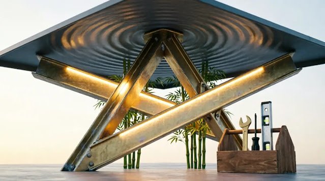 Three aligned beams supporting roof with golden glow, resilient bamboo, minimal toolbox(AI-generated illustration)