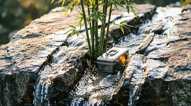 Water carving deep channel in stone, beam-formed edges, rooted bamboo, flowing toolbox(AI-generated illustration)