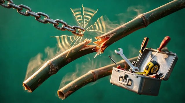 Slow-motion snapping chain with fracture waves, falling beams, breaking bamboo dependency collapse (AI-generated illustration)