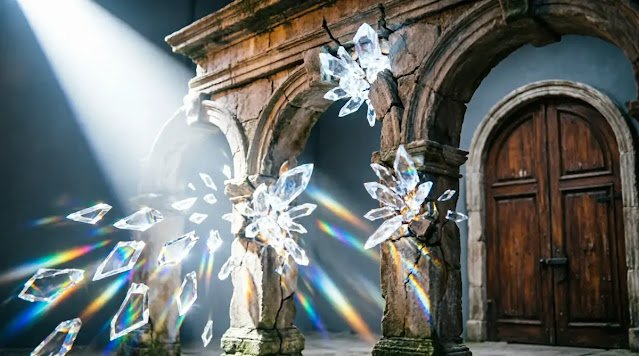 Fracturing stone gates, shattering crystal light beams, multiplying doors(AI-generated illustration)