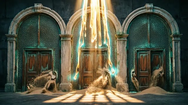 Stone gates as sieve mesh, liquid golden light pouring, doors dissolving to sand(AI-generated illustration)