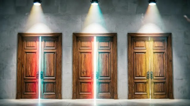 Three wooden doors with colored light beams converging, autonomous closure(AI-generated illustration)