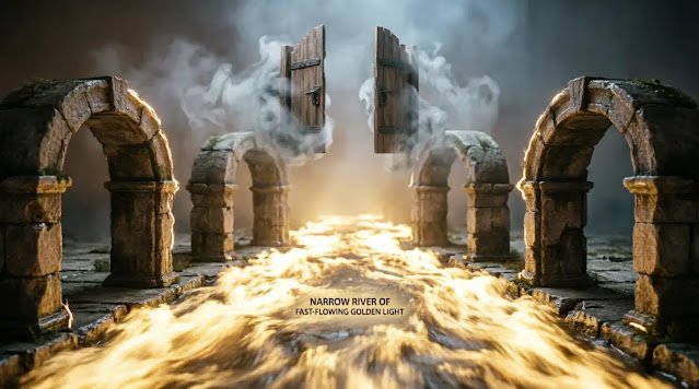 Solid golden light pillar, three stone arches center open, single wooden door(AI-generated illustration)