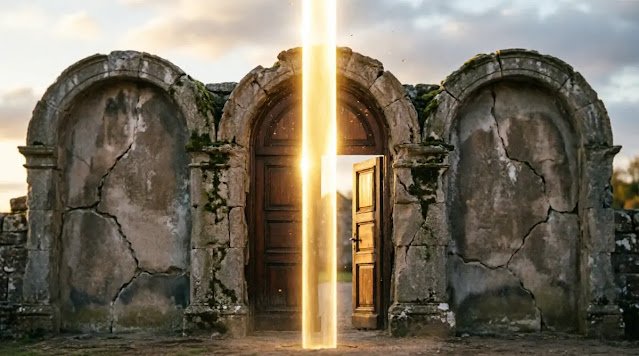 Fast-flowing golden light river, stone arch banks, mist-dissolving doors(AI-generated illustration)