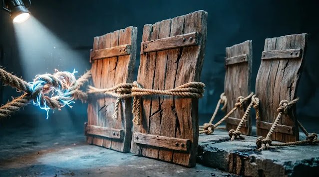 Wooden doors pulled by tension ropes, knotted spotlight beam, anchored gates(AI-generated illustration)