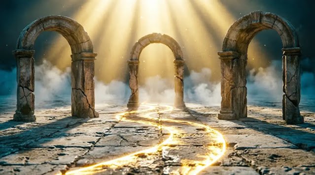 Golden path etched in stone, three aligned arches, open space no doors(AI-generated illustration)