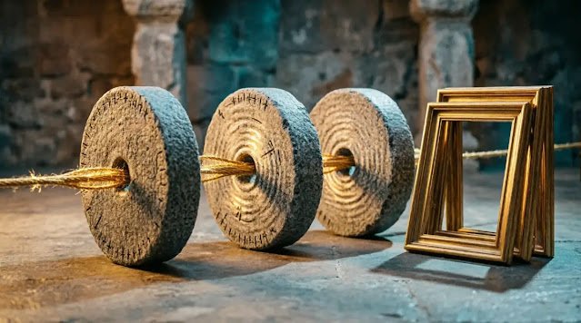 Four millstones holding tarp against storm, weaving thread, frames blown away(AI-generated illustration)