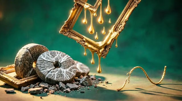 Upward-flowing gold paint, buried millstones, sagging thread(AI-generated illustration)