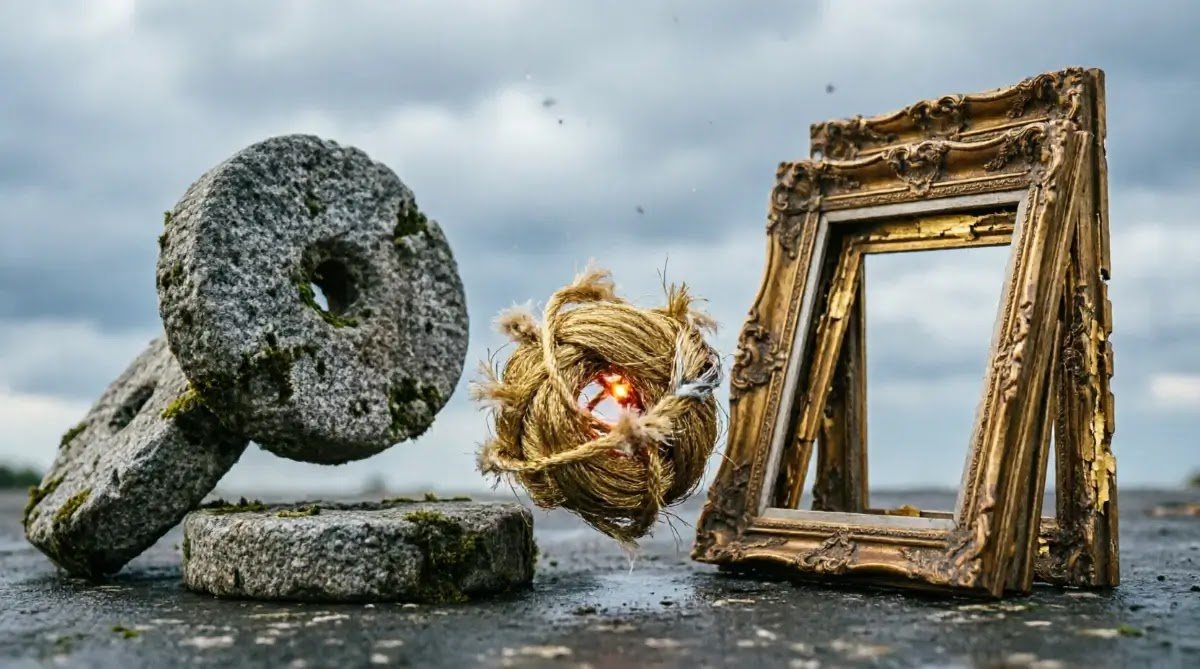 Floating millstones, tangled golden thread, impossibly leaning gilded frames (AI-generated illustration)