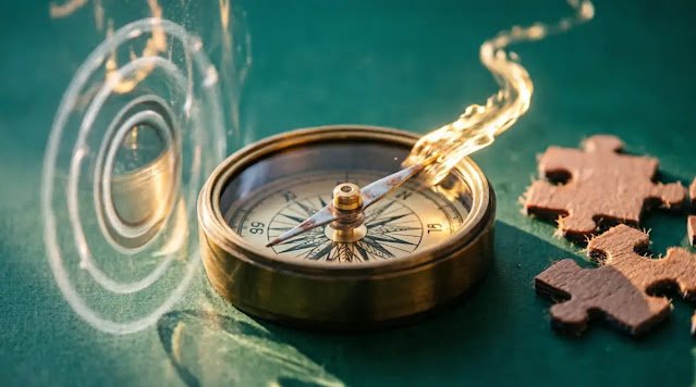 Compass needle wake trail, partially focused lens, rotating puzzle pieces(AI-generated illustration)