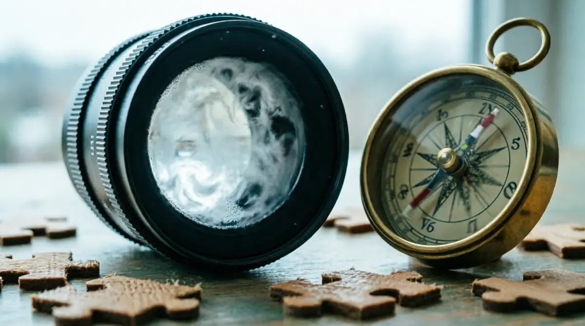 Foggy camera lens, violently trembling compass needle, scattered puzzle pieces(AI-generated illustration)