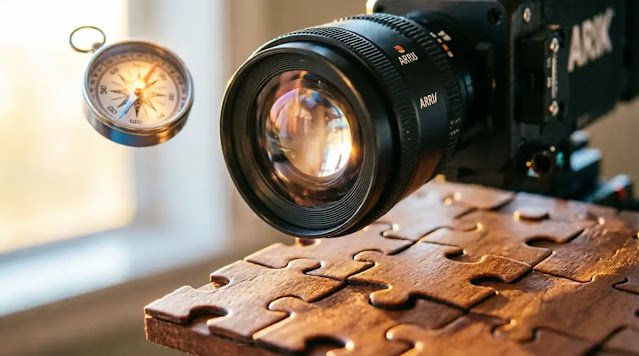 Crystal clear focused lens, steady compass with inner glow, seamless puzzle pieces(AI-generated illustration)