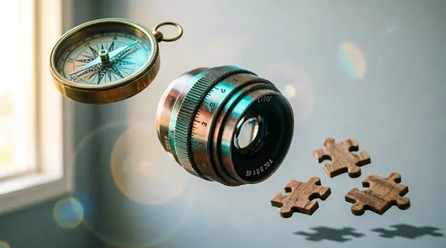 Self-turning lens focus ring, settling compass needle, rotating puzzle pieces(AI-generated illustration)