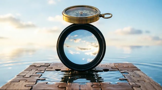 Sky-reflecting lens, resting compass needle, water-surface puzzle pieces(AI-generated illustration)