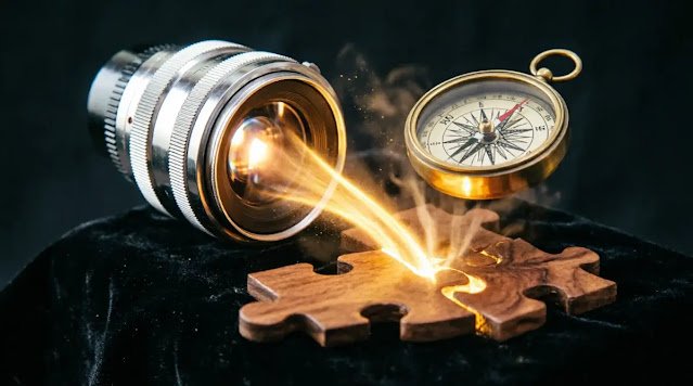 Aligned lens, compass, puzzle with golden light, natural fit energy flow(AI-generated illustration)