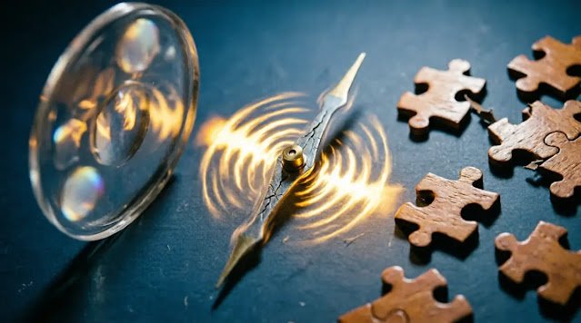 Trembling compass emitting golden waves, blurred lens, misaligned puzzle pieces(AI-generated illustration)