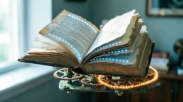 Auto-appearing book text, engaging clockwork, illuminating path(AI-generated illustration)