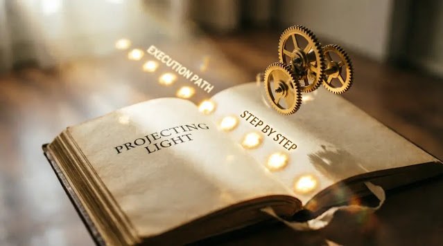Projecting book text, effortless clockwork, step-illuminating path(AI-generated illustration)