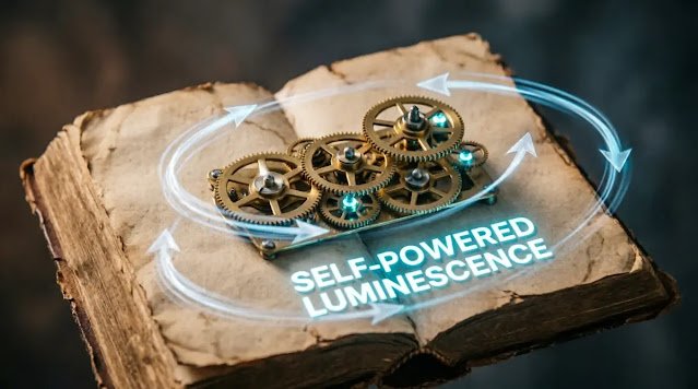 Self-powered book/clockwork, perpetual arrows, self-glowing text(AI-generated illustration)