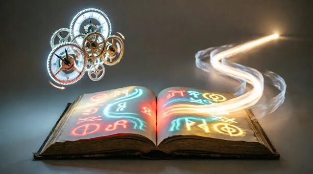 Glowing book text, automatic clockwork, collapsing path forks(AI-generated illustration)