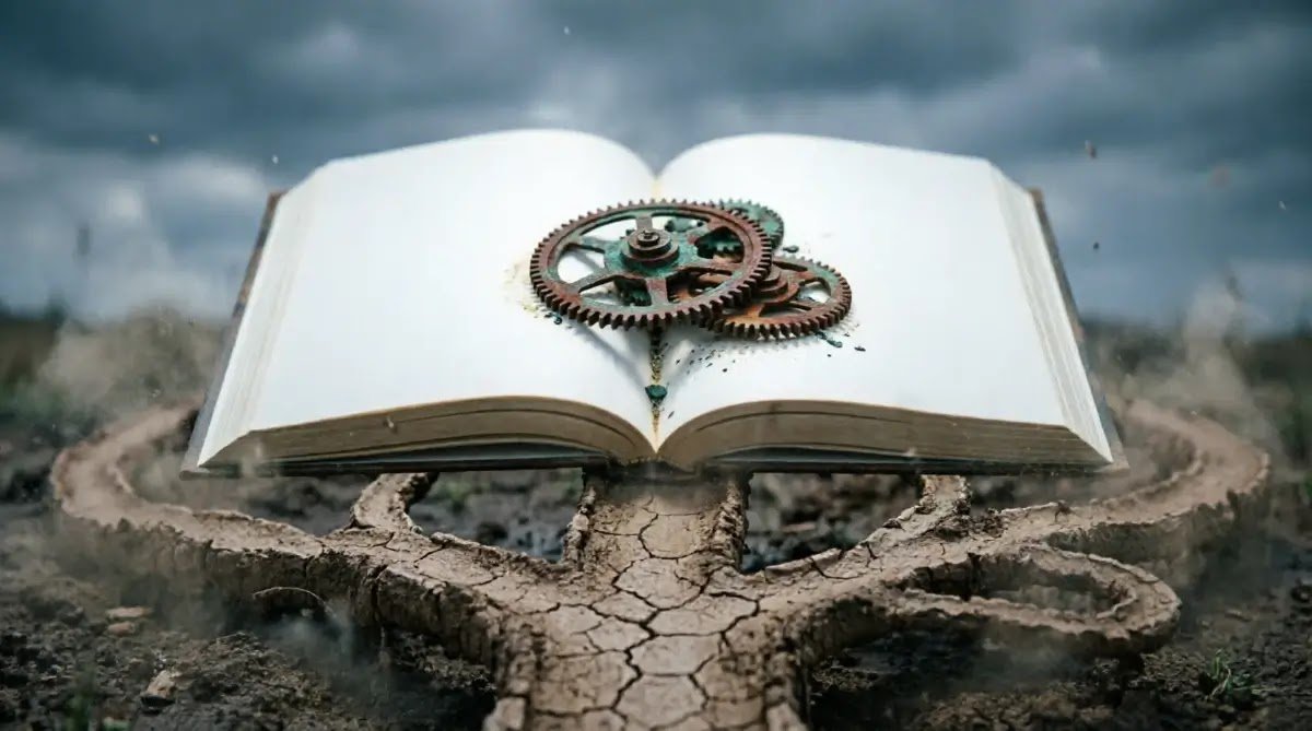 Blank book, jammed rusty clockwork gears, infinitely forking dirt path(AI-generated illustration)