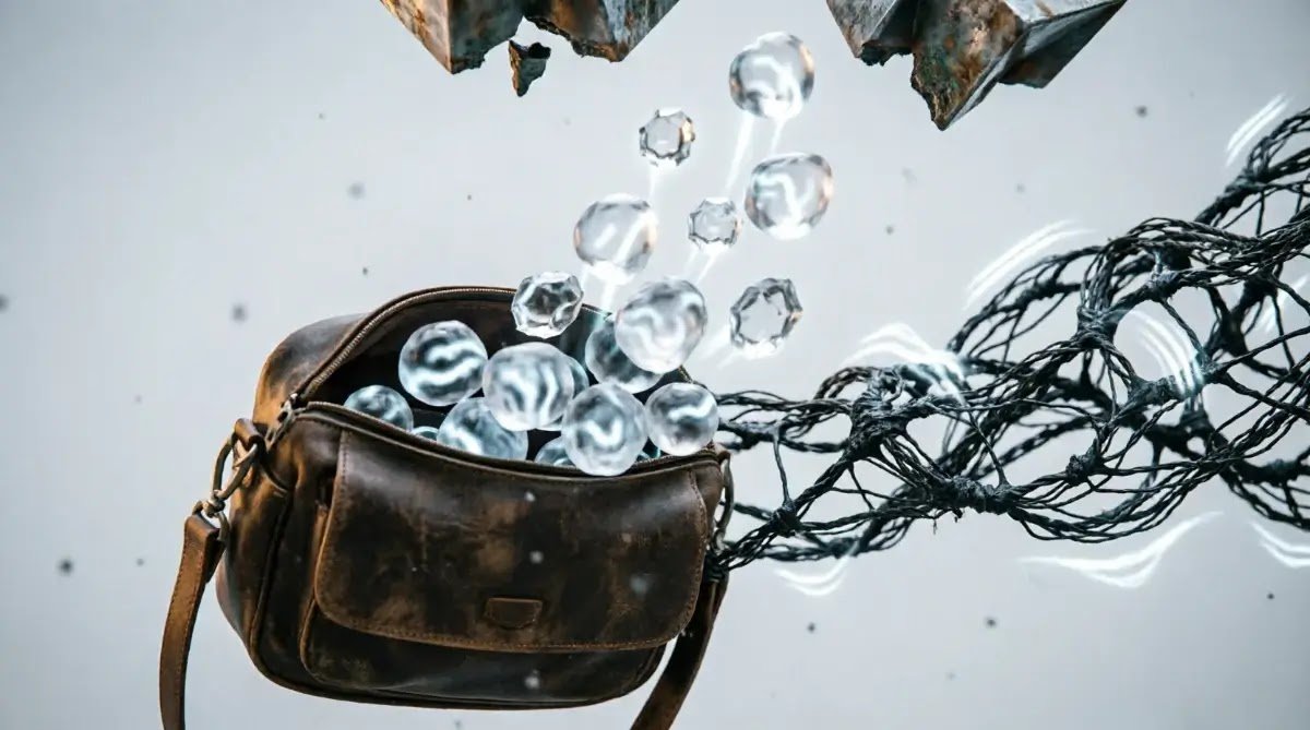 Overflowing satchel with floating decision orbs, chaotic pulsing net, fragmented edges(AI-generated illustration)