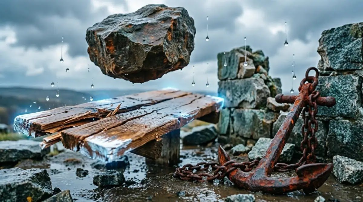 Cracking shelf with floating stones, scattered wall, dragging anchor (AI-generated illustration)