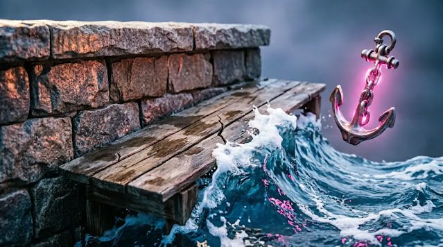 Shelf dam holding water, solid wall barrier, glowing anchor(AI-generated illustration)
