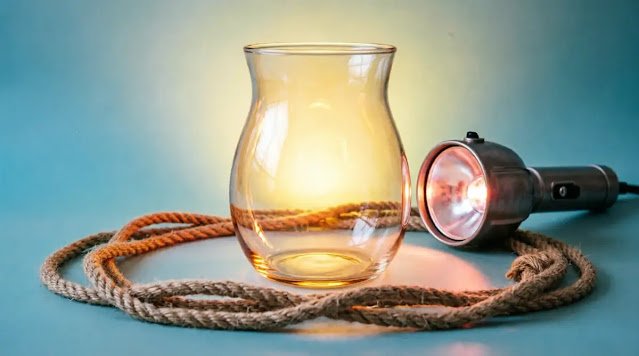 Glass vessel empty with internal glow, spotlight beam turned off, rope ends forming protective barrier (AI-generated illustration)