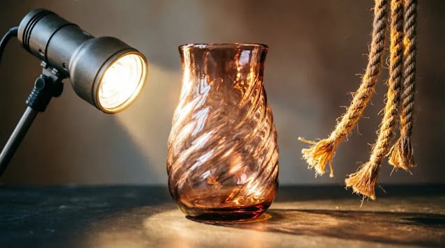 Glass vessel with perpetual motion glow, passive spotlight beam, rope ends moving with wind (AI-generated illustration)
