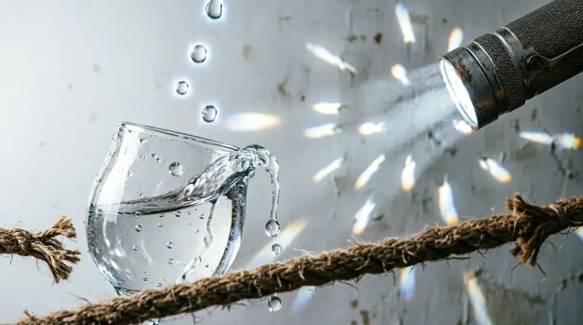 Overflowing glass with droplets floating upward, scattered spotlight beam, taut vibrating rope(AI-generated illustration)