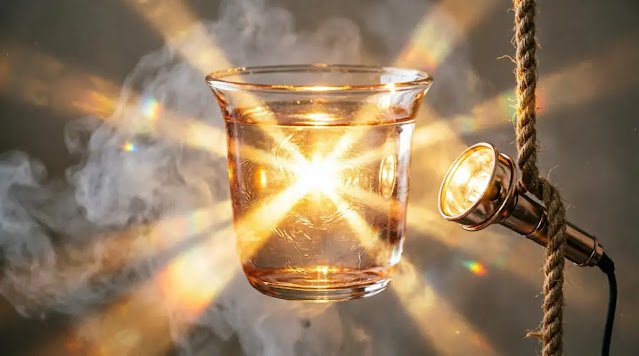 Glass vessel, spotlight, and rope fused into filtering structure, emitting golden release light (AI-generated illustration)