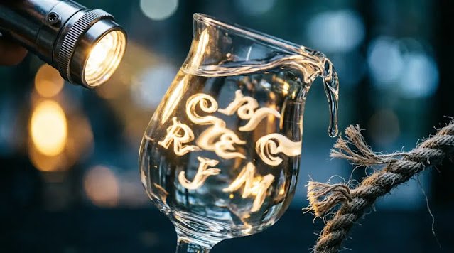 Glass vessel with liquid forming glowing message shapes, intense spotlight beam, rope ends beginning to loosen(AI-generated illustration)