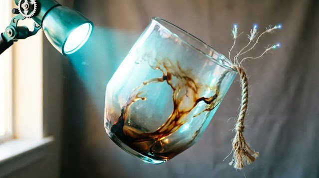 Glass vessel becoming transparent spotlight directed by invisible force, rope ends releasing(AI-generated illustration)