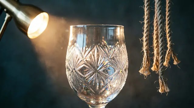 Glass vessel transparent dimmed spotlight beam, rope ends forming quiet pattern (AI-generated illustration)
