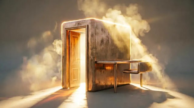 Fused doorway wall desk frictionless structure, golden focus light radiating(AI-generated illustration)
