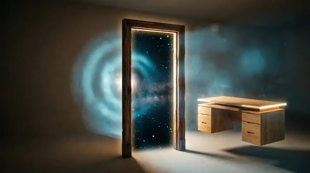 Invisible doors leaving floating frame, vanished wall showing infinite space, floating desk(AI-generated illustration)