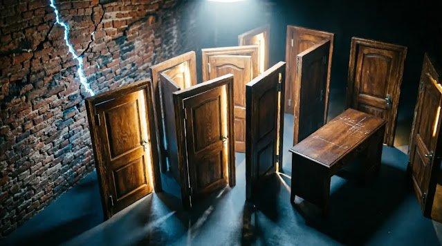 Multiple slightly ajar doors forming maze, self-cracking brick wall, surrounded desk(AI-generated illustration)