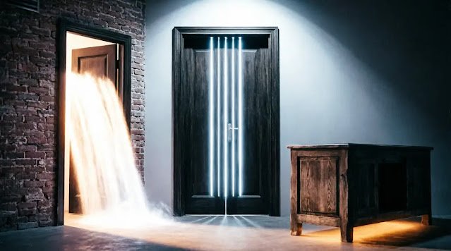 Closed doors with strategic glowing gaps, wide open hidden door streaming light, settled desk(AI-generated illustration)