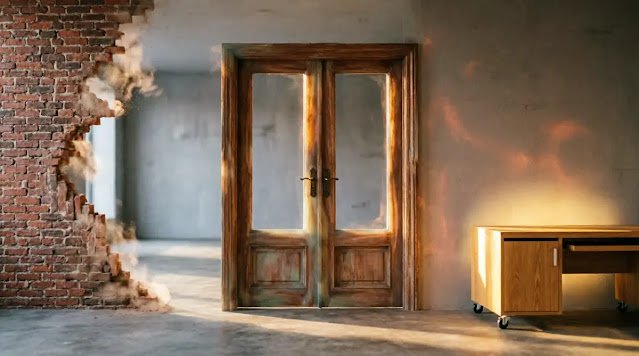 Transparent wooden doors maintaining structure, dissolving brick wall, glowing desk(AI-generated illustration)