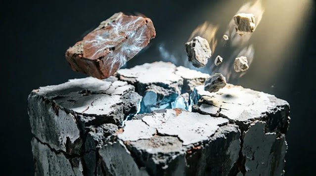 Collapsing base, tilting brick, upward-falling rubble(AI-generated illustration)