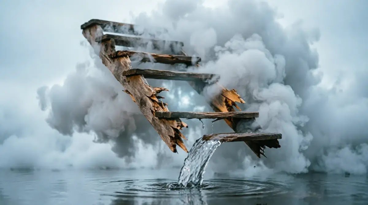 Floating staircase missing middle plank, dense fog obscuring top, water flowing upward against gravity(AI-generated illustration)