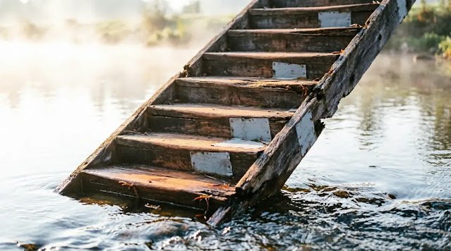 Continuous uneven staircase with patches, fog gone, water merging into wood(AI-generated illustration)