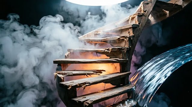 Staircase filled with internal fog, mist thinning, water flowing uphill to support(AI-generated illustration)