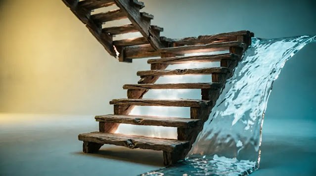 Staircase glowing with release energy, fog absent, water carrying wood uphil(AI-generated illustration)