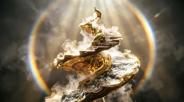 Fused golden flow state structure combining staircase, fog, and water, emitting golden continuity light with rainbow(AI-generated illustration)